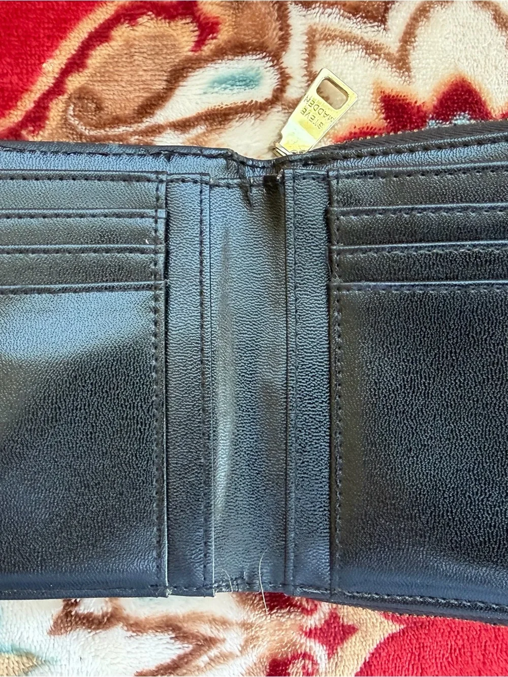 Steve Madden Black Textured Leather Zip Wallet with Gold Logo